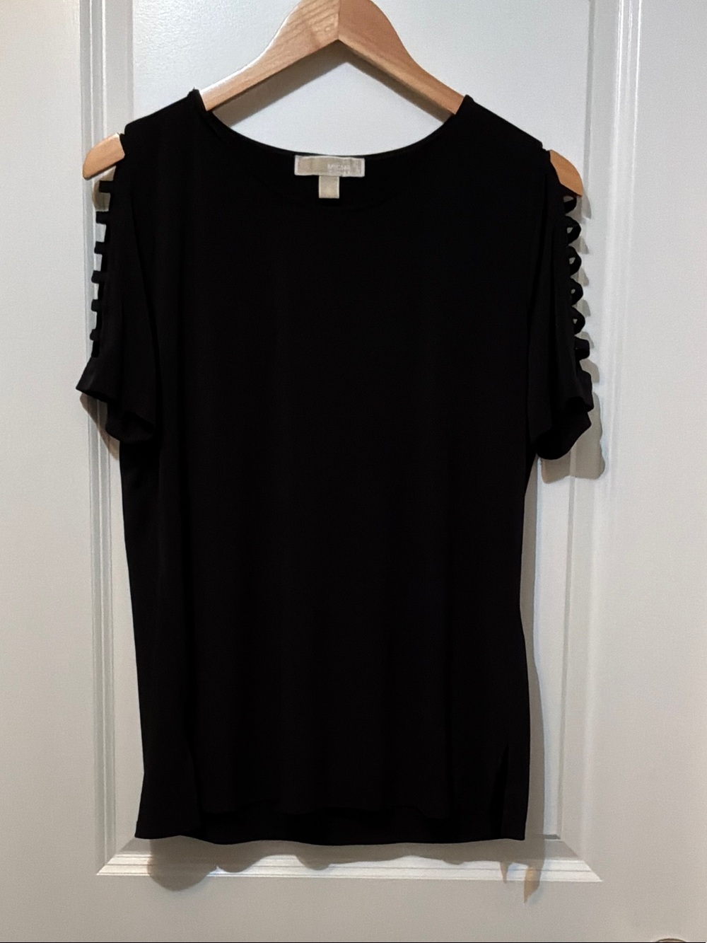 Women's Black Cold-Shoulder Top with Ladder Sleeve Detail Michael Kors Size L